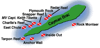 Map of dive sites off Cayman Brac, Cayman Islands