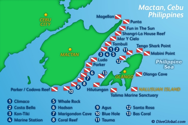 Cebu Scuba Diving Reviews Dive Map Of Mactan Island